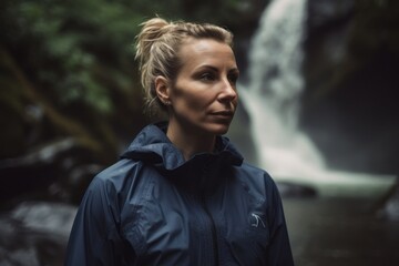 Portrait of a beautiful woman in a raincoat on the background of a waterfall