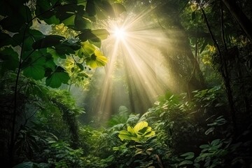 sun rays shining through the dense foliage of a tropical jungle. Generative AI - obrazy, fototapety, plakaty