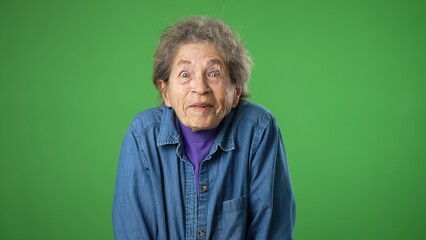 Portrait of thinking, smart puzzled pensive elderly senior old woman with wrinkled skin and grey hair looks around thinks with ideas raised finger thumbs up isolated on green screen background studio