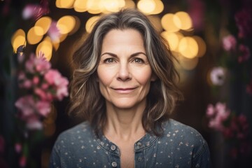 Fototapeta premium Portrait of a beautiful middle-aged woman with flowers in the background