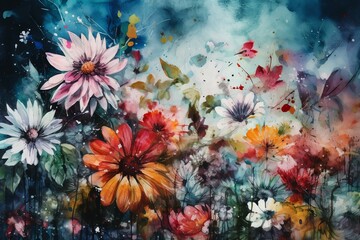 Fototapeta na wymiar Vibrant watercolor floral painting with drip design, blooming spring garden art. Generative AI
