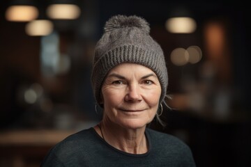 Portrait of a senior woman wearing a knitted hat in a cafe
