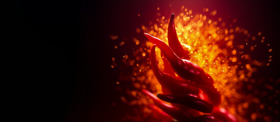 Fototapeta premium The spicy chilies are swirling together, twisting into a fiery explosion on a dark black background. generative AI.