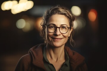 Portrait of a smiling woman wearing glasses in the city at night