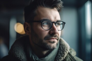 Fototapeta premium Portrait of handsome young man in eyeglasses looking away at night