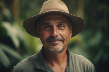 Naklejka na ściany i meble Portrait of a smiling senior man wearing a hat in the garden