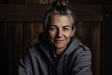 Obraz premium Portrait of a beautiful middle-aged woman in a gray hoodie.