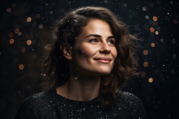 Portrait of a young beautiful woman on a black background with bokeh.