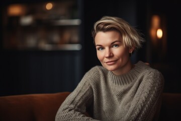 Fototapeta premium Portrait of a beautiful young woman sitting on the sofa at home