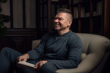 Fototapeta premium Portrait of a smiling man reading a book while sitting in a chair at home