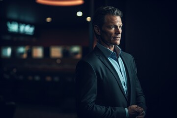 Portrait of a mature businessman standing in a dark office lobby.