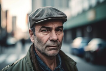 Portrait of a mature man in a cap on a city street
