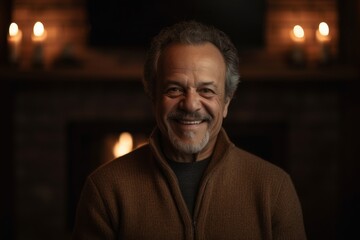 Portrait of a smiling senior man in front of fireplace at home