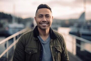 Fototapeta premium Portrait of a handsome young man smiling and looking at camera outdoors
