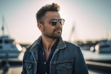 Handsome young man in jeans jacket and sunglasses, outdoor portrait