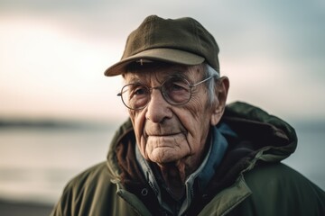 Portrait of an elderly man in a cap and green jacket on the beach.