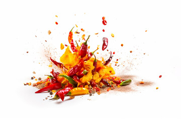 Fiery explosions and twisting cyclones of spicy chilies on a white background. generative AI. - obrazy, fototapety, plakaty