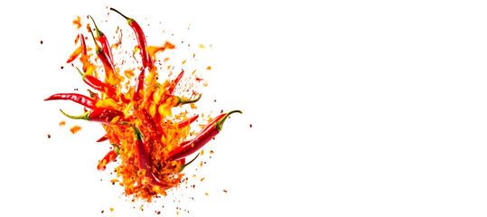 Fiery explosions and twisting cyclones of spicy chilies on a white background. generative AI.