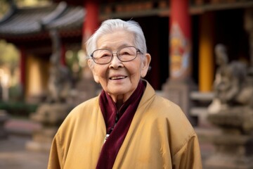 Fototapeta premium Portrait of an elderly asian woman smiling at the temple.