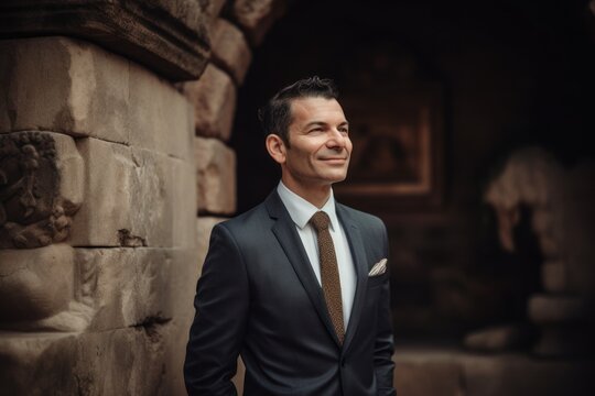 Handsome groom posing in front of an ancient stone wall.
