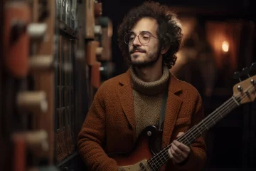 Rugzak Portrait photography of a pleased music composer guitarist man in his 30s wearing a cozy sweater against a music instruments background. Generative AI © Robert MEYNER