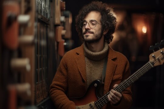 Portrait photography of a pleased music composer guitarist man in his 30s wearing a cozy sweater against a music instruments background. Generative AI