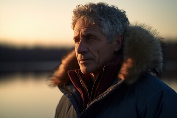 Portrait of a senior man with gray hair in a winter jacket