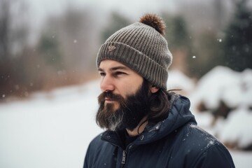 Fototapeta premium Portrait of a handsome bearded man with a long beard and mustache in a knitted hat in the winter forest on a snowy day