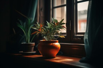 A plant in a pot on a table by a window. Generative AI