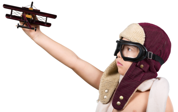 Happy kid playing with a toy airplane - Powered by Adobe