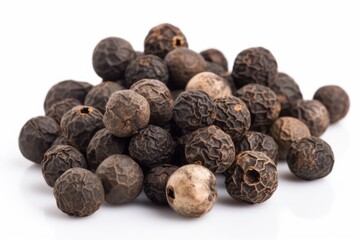 heap of freshly ground black pepper on a plain white backdrop. Generative AI