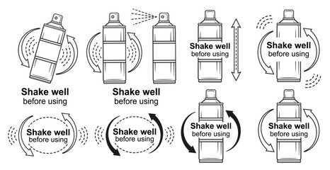 Shake well bottle before using, shaking spray aerosol can arrow, hand mix liquid drink with powder in container line icon set. Fitness shaker. Medical, cosmetic, chemical product package sign. Vector - obrazy, fototapety, plakaty