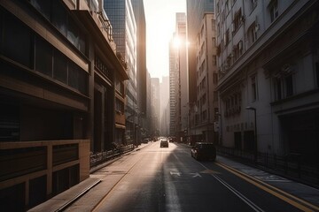 Fototapeta na wymiar Modern buildings line an asphalt street. Generative AI