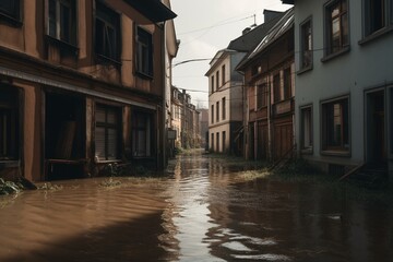 Fototapeta na wymiar Houses and streets are submerged due to heavy flooding. Generative AI