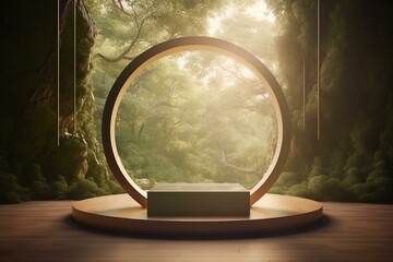 3D rendered empty room with circular window and podium for product display against nature backdrop. Generative AI