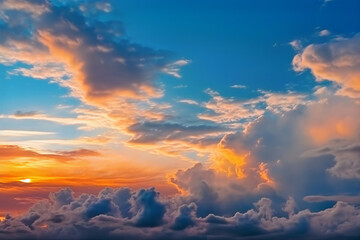 View in the clouds with a blue sky and a setting sun. sunset view in the orange, white, and blue clouds.