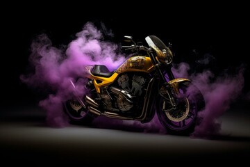 Obraz na płótnie Canvas Motorcycle with purple and yellow smoke on black background. Generative AI