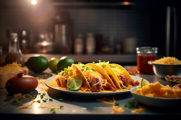 tacos with hashbrowns, scrambled, eggs and bacon topped with cheese and green onion. AI generated