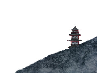 watercolor hand drawn painting landscape pagoda mountain in the fog. Traditional oriental. asia art style png.	 - 596963738