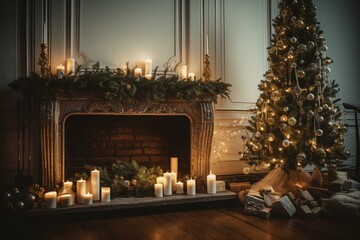 Fototapeta na wymiar Christmas tree next to fireplace for the holiday season. Generative AI