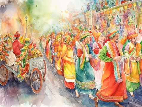 A painting of a market with a colorful banner hanging from the ceiling