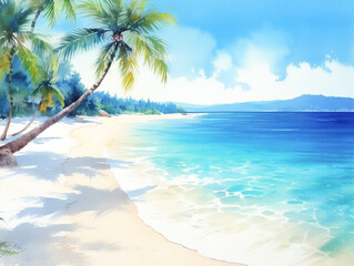Fototapeta na wymiar Watercolor beach with palm tree