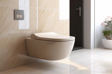 Fototapeta na wymiar Modern Luxury: Wall-Hung Toilet with Dual Flush, Glass Partition, Bidet, and White Bathtub on Granite Tile Floor in 3D