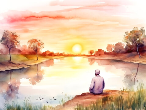 A painting of a man standing on a bank looking at the water, watercolor