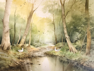 watercolor river in the forest