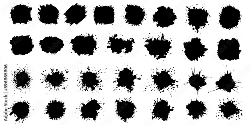 Fototapete Paint ink splatter, stains set. Splash of paints with drops. High level of tracing and many details. Illustration splash and drip design, silhouette blob spray collection. Vector isolated set