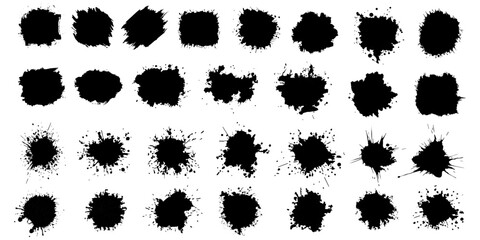 Paint ink splatter, stains set. Splash of paints with drops. High level of tracing and many details. Illustration splash and drip design, silhouette blob spray collection. Vector isolated set - obrazy, fototapety, plakaty