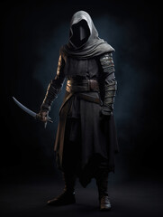 Naklejka premium human assassin, holding a poisoned blade and lurking in the shadows