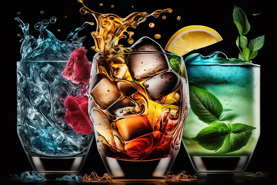 Psycadelic coloured drinks splashing into glasses with ice and garnishes against a black background.  Generative AI.