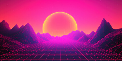 Fototapeta premium intricate isometric axonometric synthwave illustration, geographic synthwave wireframe ground plane grid pattern, landscape mountains